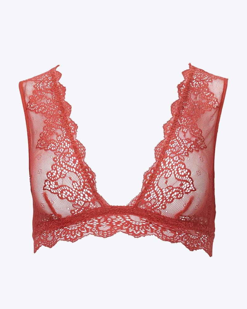 Front of a size L So Fine Lace Tank Bralette in Guava in Guava by ONLY HEARTS. | dia_product_style_image_id:339714